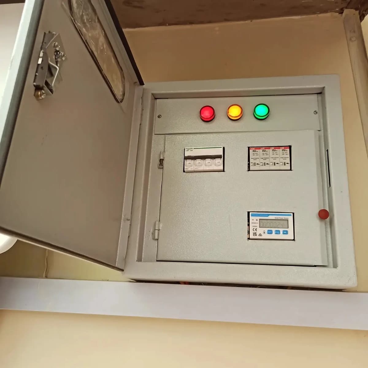 Solar control panel with indicator lights, breakers and a meter