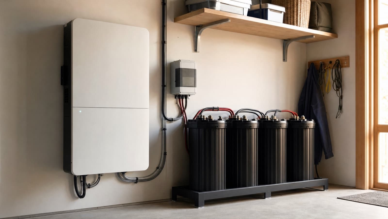 A wall-mounted lithium battery beside a row of tubular lead-acid batteries in a utility room