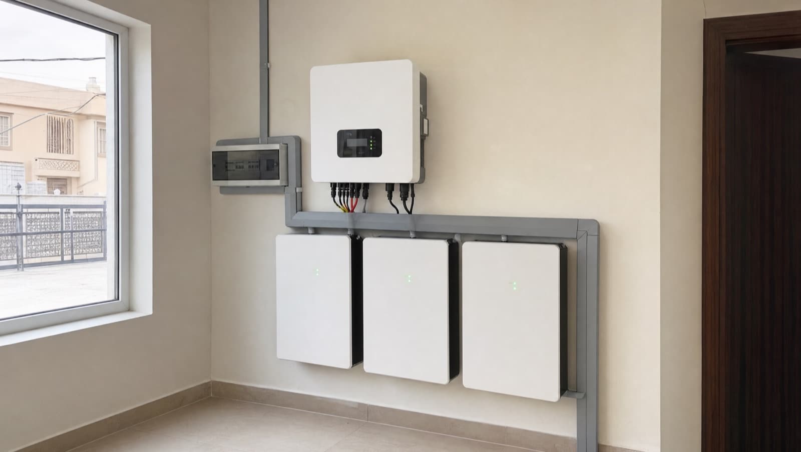 A hybrid inverter and lithium battery bank mounted on a wall in a Karachi home