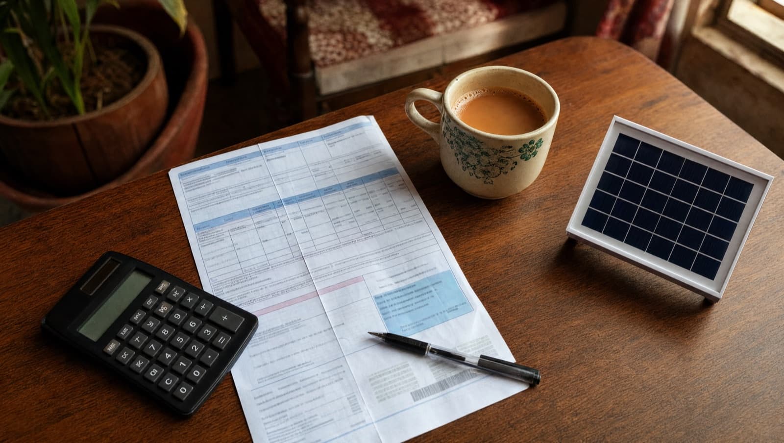 A K-Electric style electricity bill beside a calculator and a solar panel model on a desk
